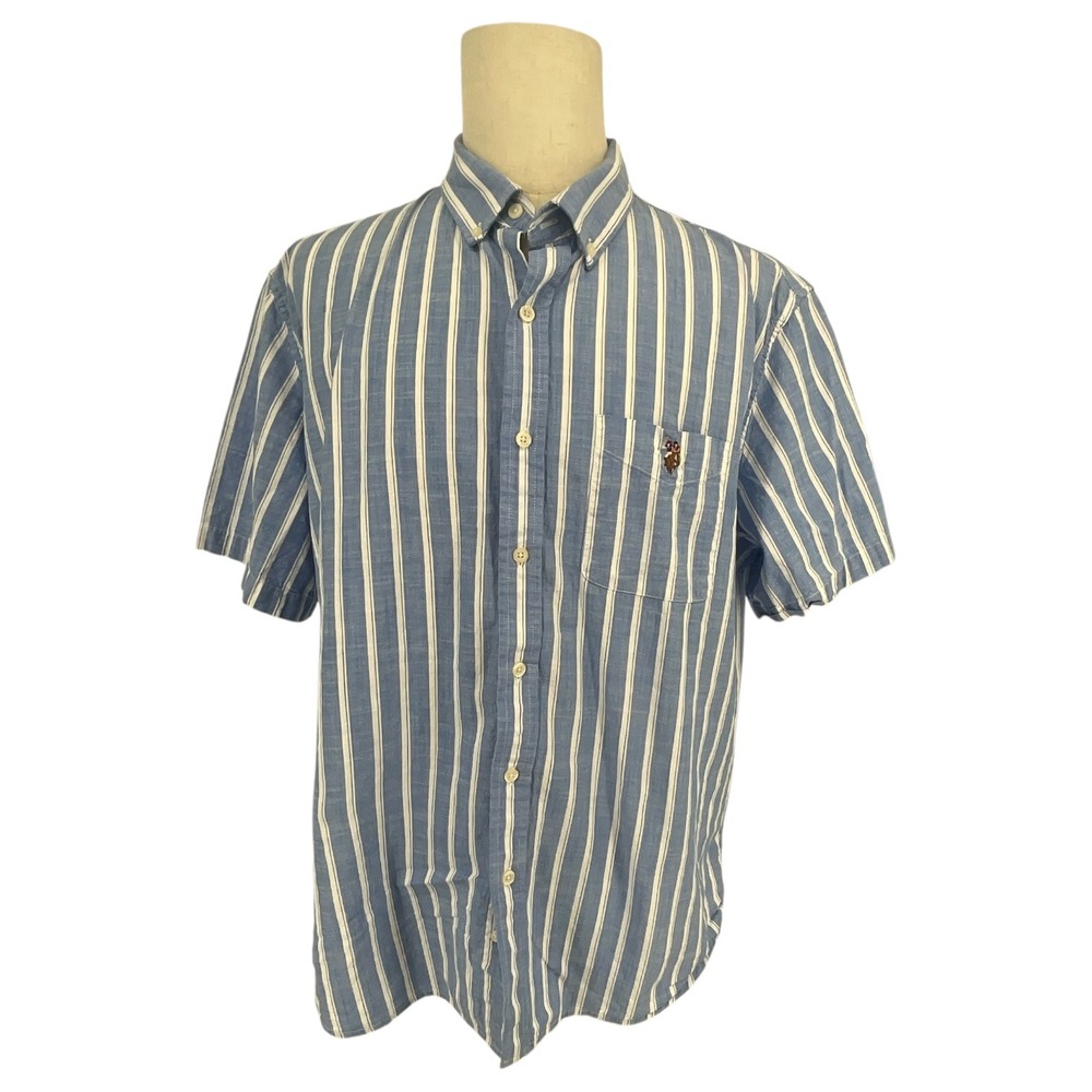 US Polo Assn Mens 2XL Blue‎ Striped Short Sleeve Retro Vtg Button Down Shirt